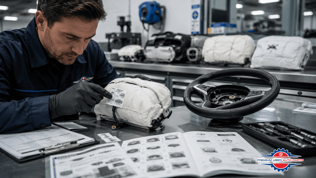 Certified automotive safety technician inspecting a genuine undeployed OEM driver airbag in a modern professional workshop. The removed steering wheel sits beside the airbag on a clean stainless-steel inspection table, with OEM documentation, diagnostic tools, and additional factory airbags organized in the background. The image represents professional quality inspection, vehicle safety, and trusted OEM used airbags from Premium Used Auto Parts. 
