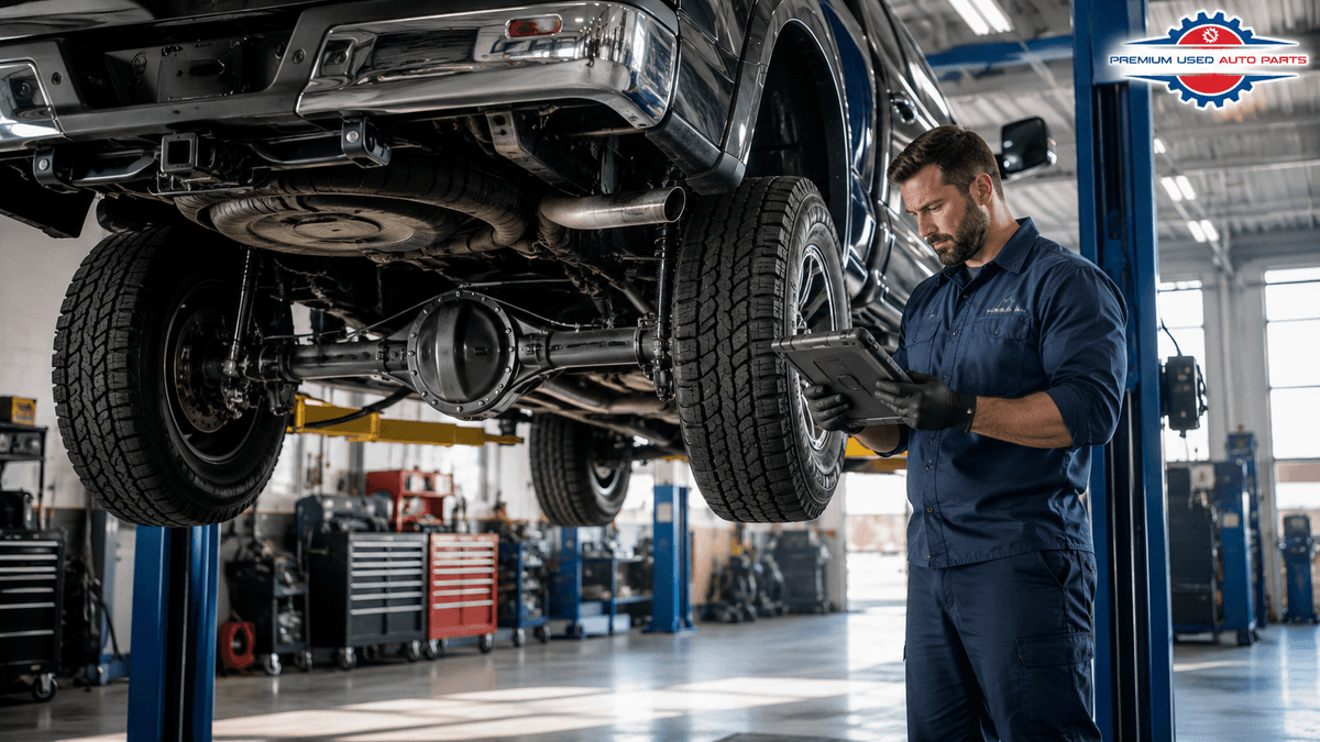 Professional mechanic using a digital service tablet beside a lifted pickup truck with the rear differential visible in a modern American auto repair shop.