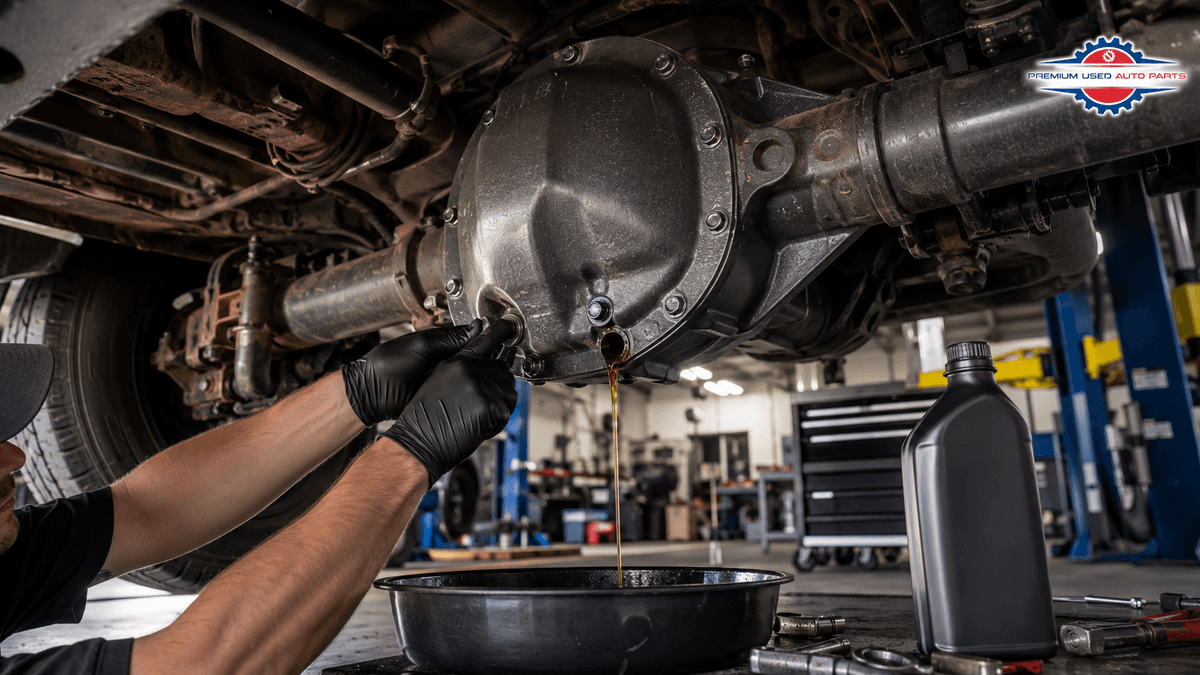 Rear differential fluid replacement on a pickup truck showing gear oil draining from the differential housing in a professional automotive workshop. 