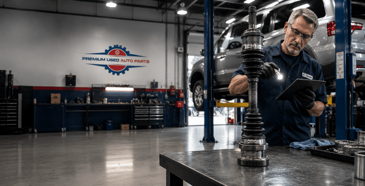  OEM used axle assembly on an inspection bench inside a professional American automotive workshop with an ASE-certified mechanic performing a quality inspection.