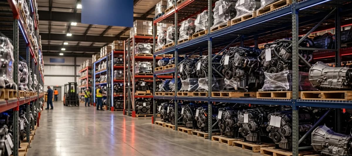 Warehouse aisles of tested OEM used engines and transmissions on pallets, ready to ship