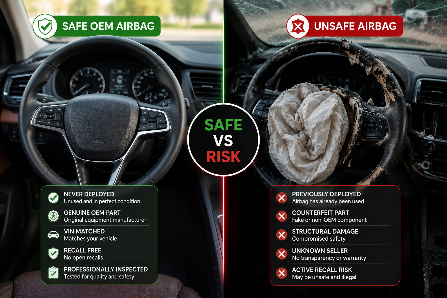 Safe vs unsafe used airbag comparison with OEM quality and deployment risk indicators.