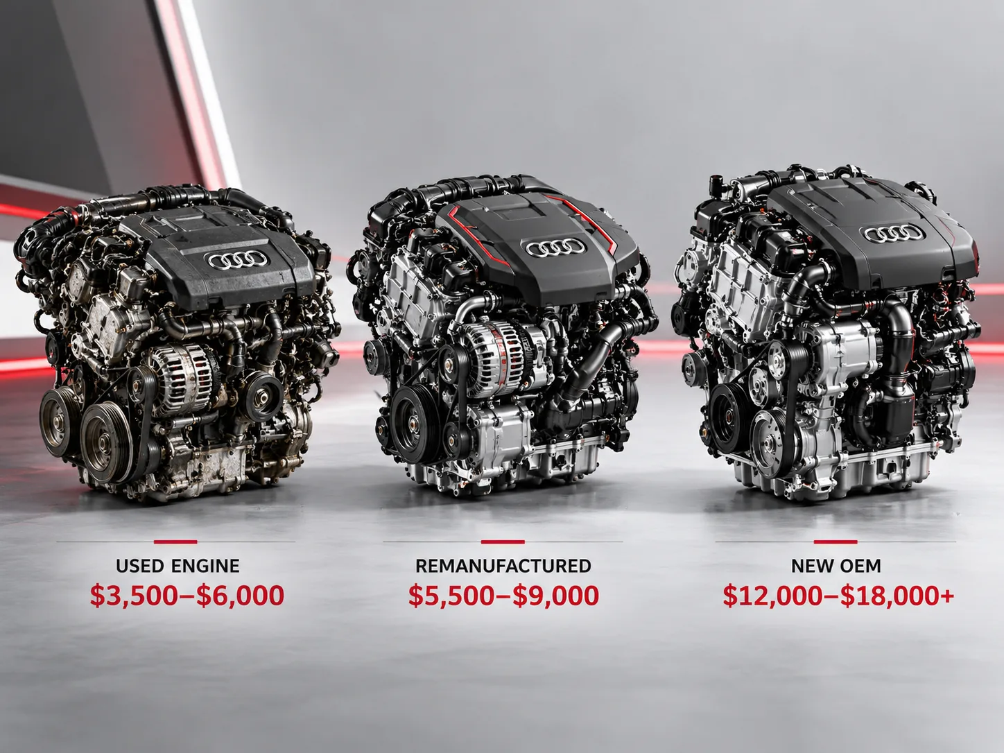 Audi Q5 engine replacement cost comparison for used, remanufactured, and new OEM engines