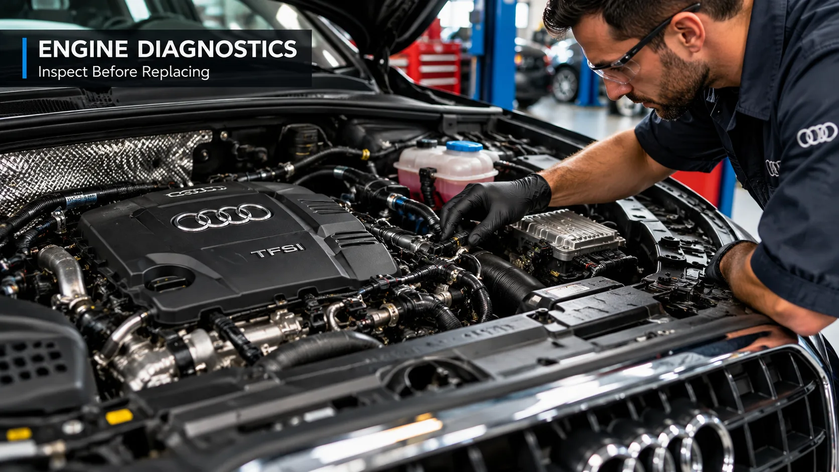 Mechanic inspecting Audi Q5 engine components during engine diagnostics