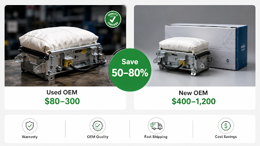 Used OEM vs new OEM airbag cost comparison showing $80–300 vs $400–1,200 with 50–80% savings, warranty, OEM quality, and fast shipping.