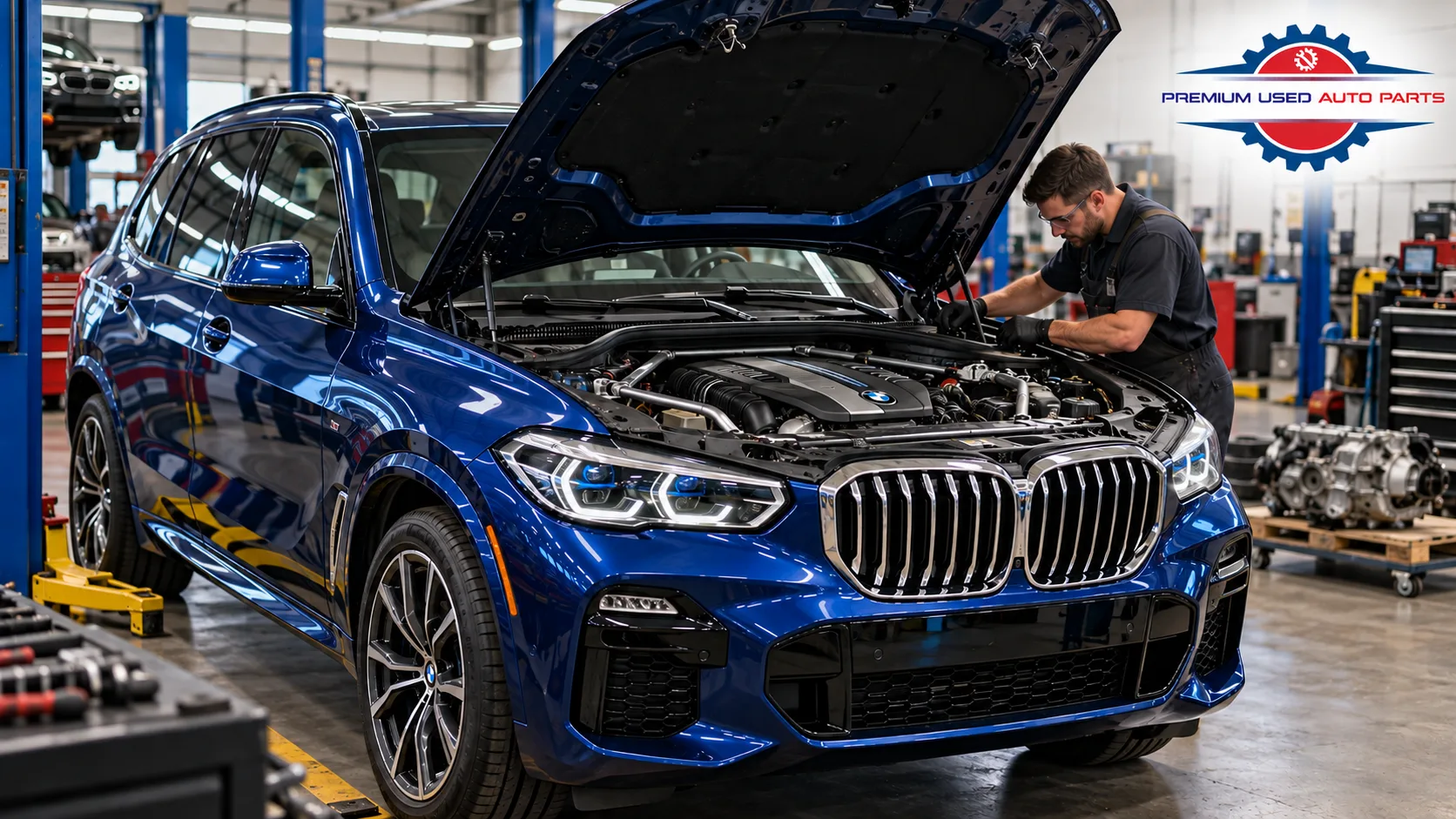 BMW X5 with open hood in a professional automotive workshop for engine replacement