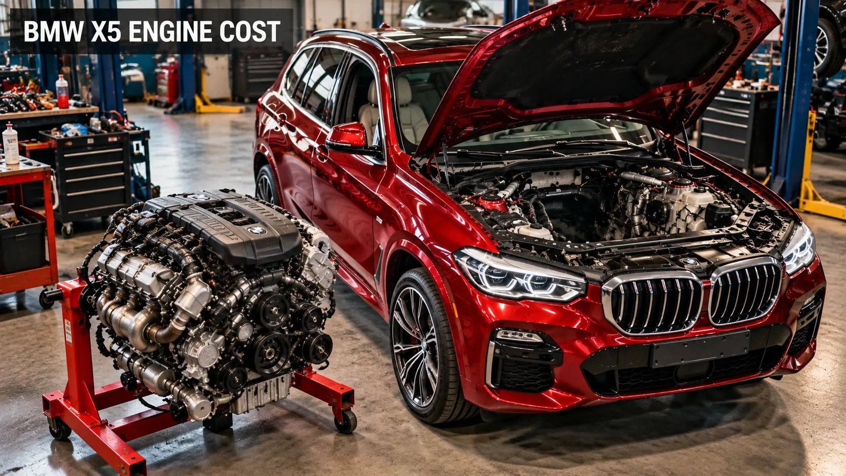 BMW X5 beside a replacement engine on an engine stand in a repair workshop