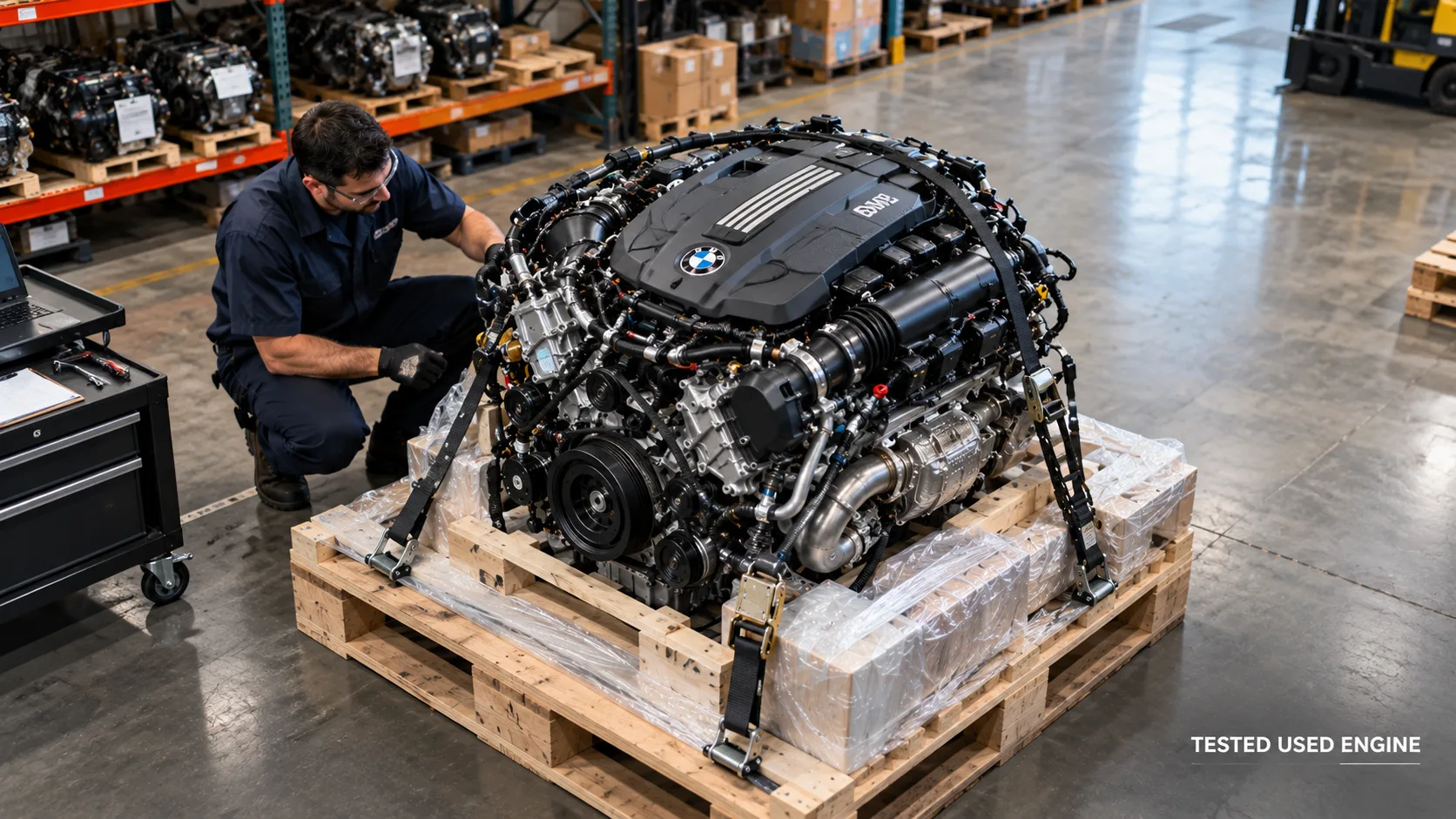 Used BMW X5 replacement engine secured on a pallet in an automotive parts warehouse