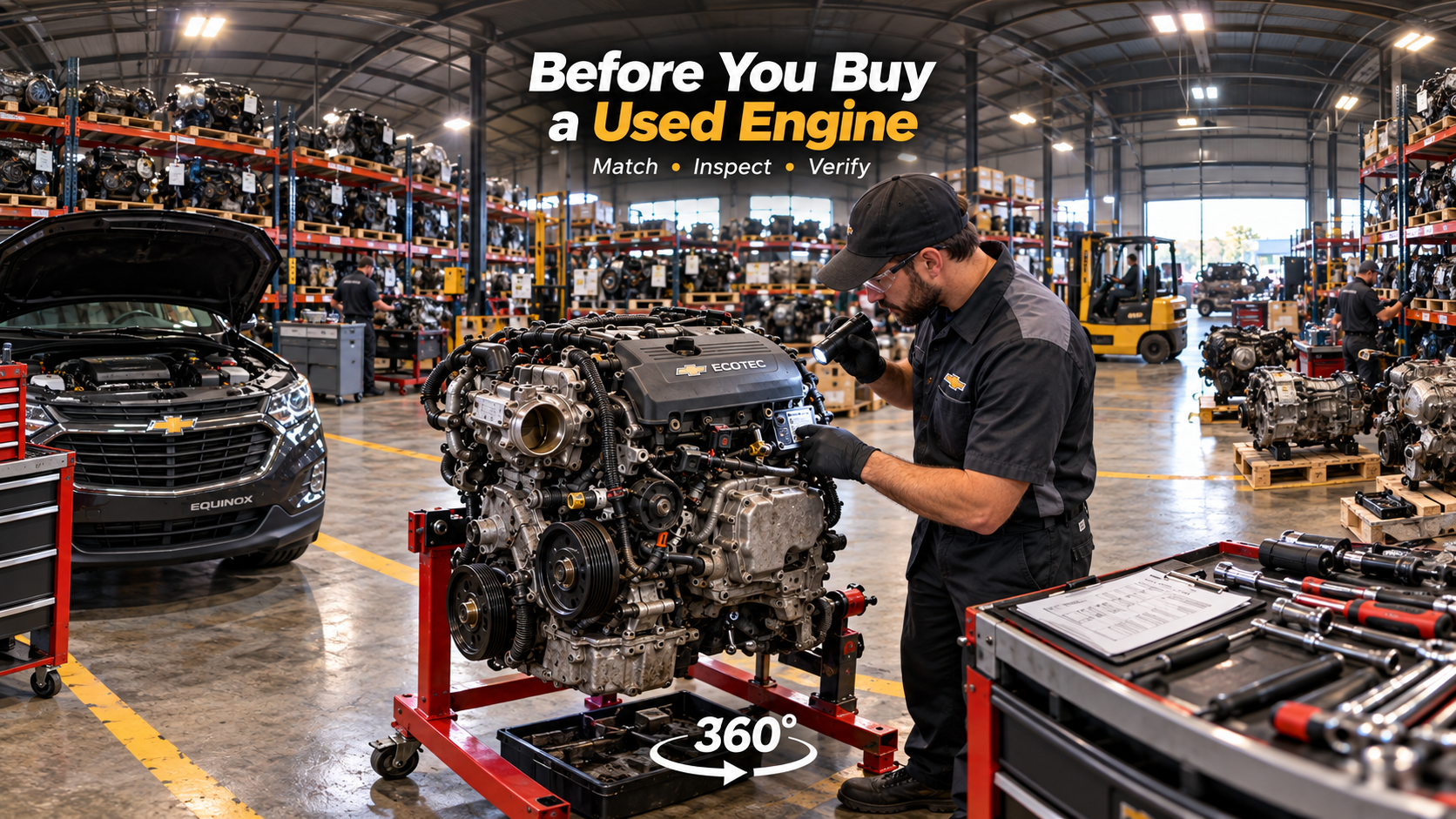 Technician inspecting a used Chevy Ecotec engine in a parts warehouse before sale