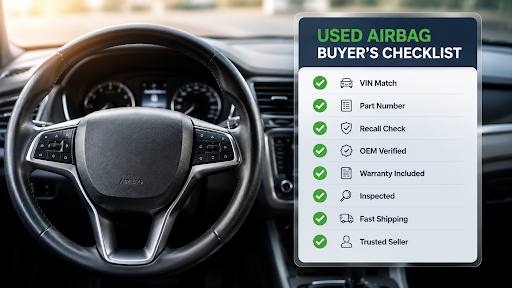 Used airbag buyer's checklist with VIN match, OEM verification, recall check, and inspection tips.