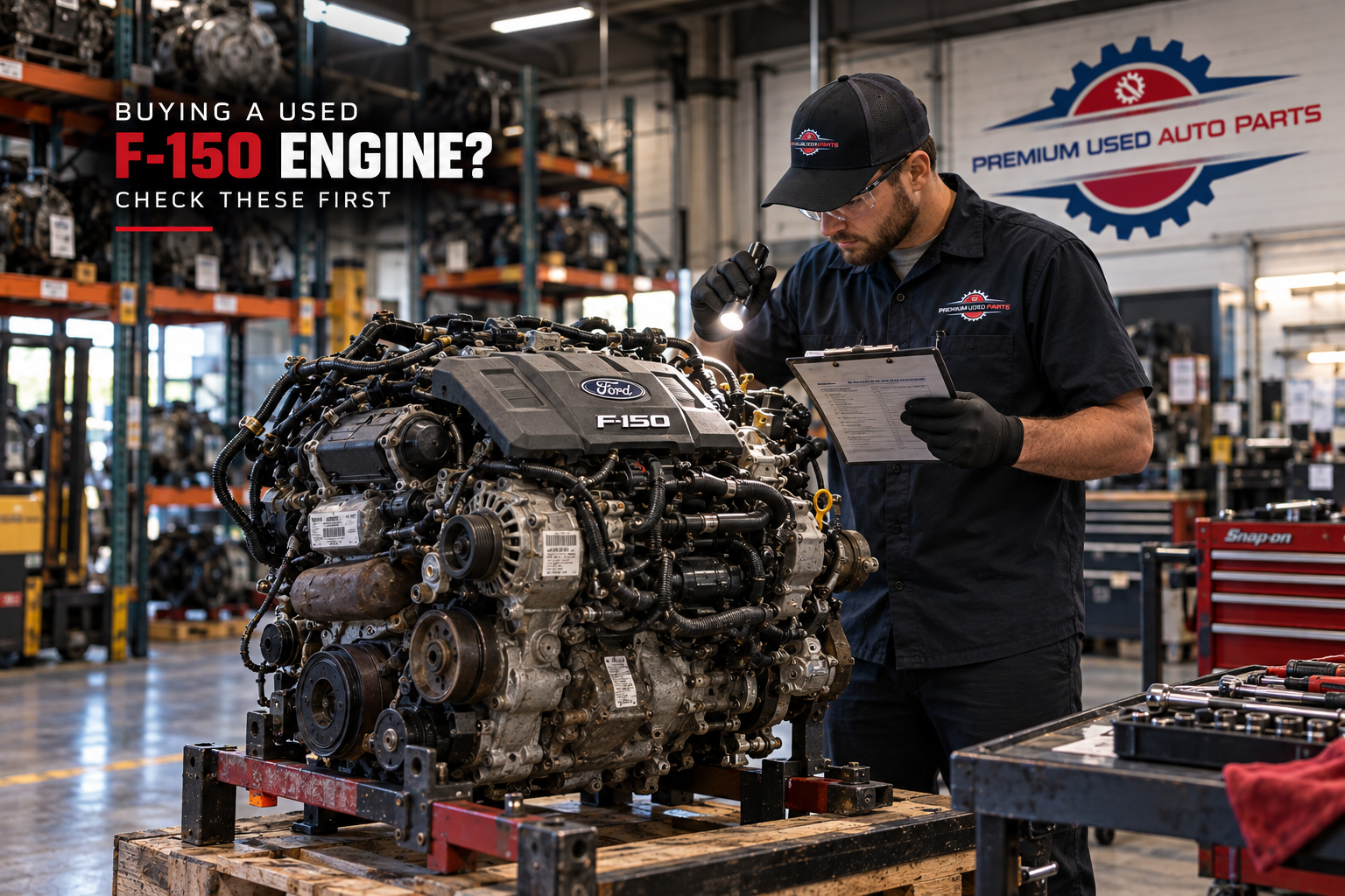 Used Ford F-150 engine being professionally inspected before purchase