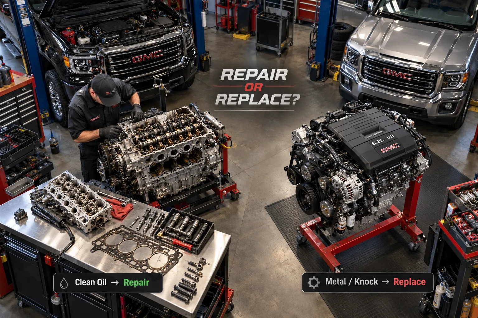 GMC Sierra V8 engine repair versus complete engine replacement during professional inspection