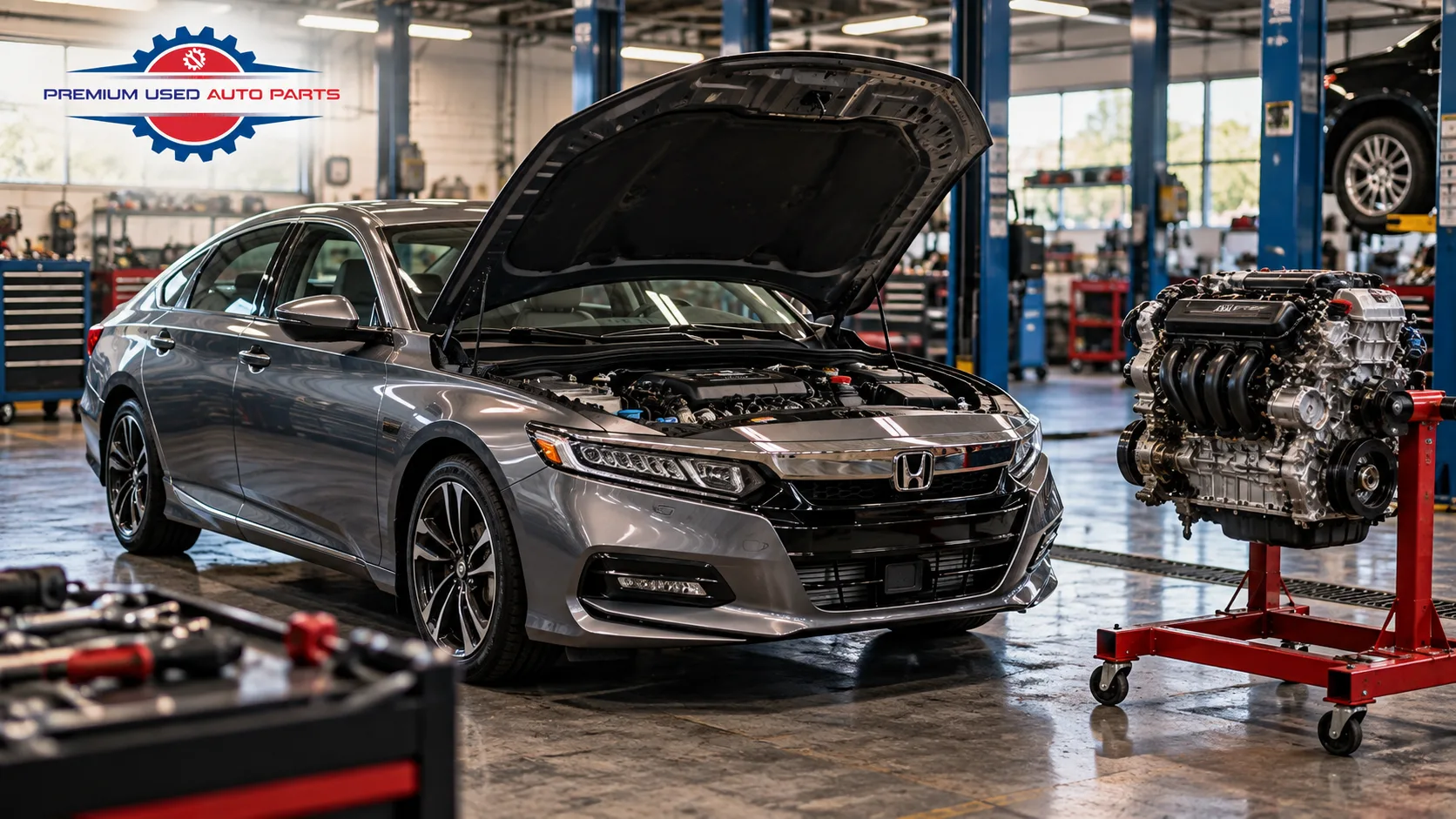 Honda Accord with open hood and replacement engine in a professional automotive workshop
