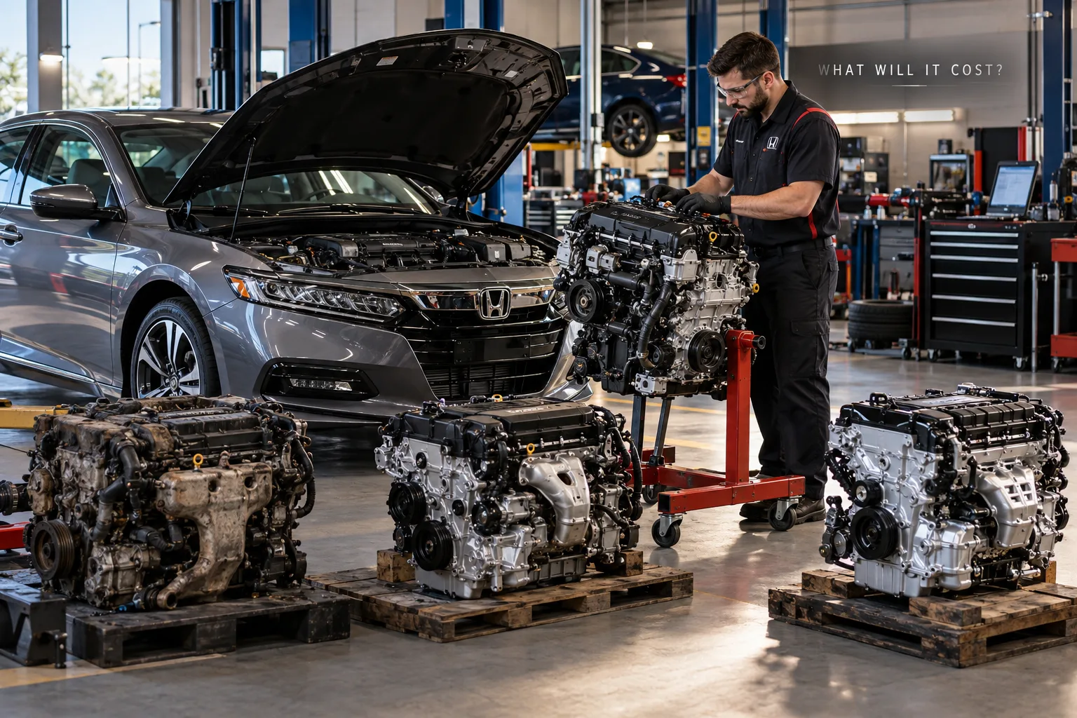 Honda Accord engine replacement options with a technician inspecting an engine on a stand