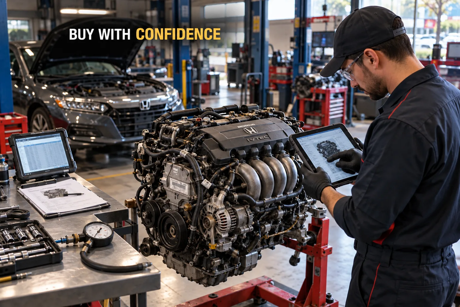 Technician verifying a used Honda Accord engine code, VIN and condition before purchase