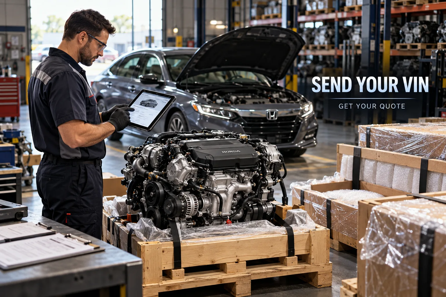 Technician checking VIN information for a tested Honda Accord replacement engine ready for shipping