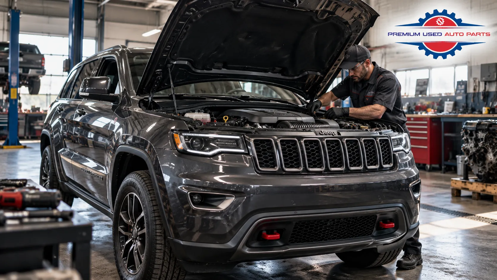 Jeep Grand Cherokee with open hood and replacement engine in a professional automotive workshop