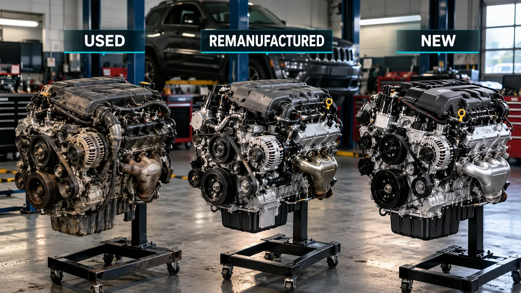 Used, remanufactured and new Jeep Grand Cherokee engines side by side on engine stands in a workshop