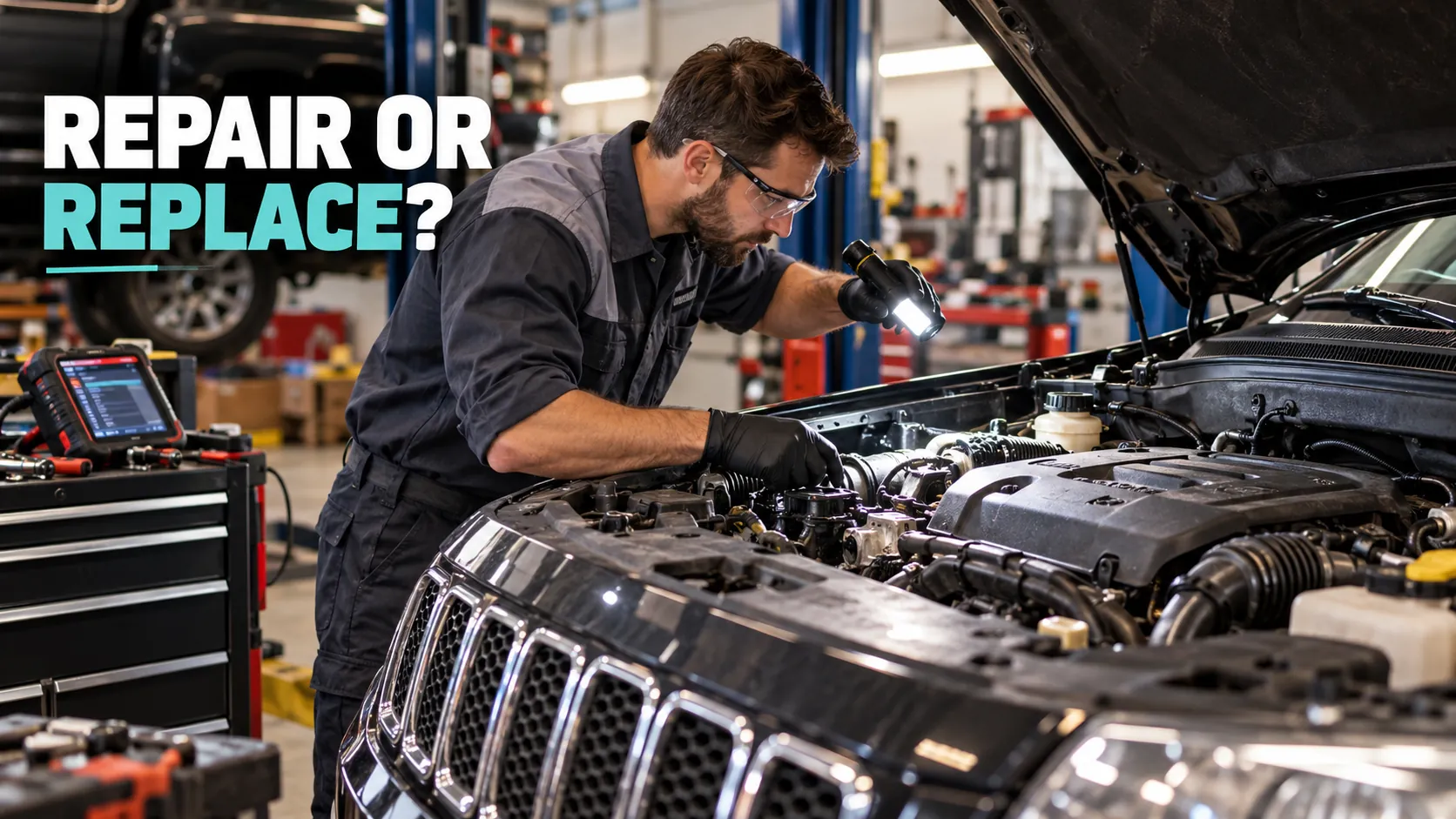 Technician inspecting a Jeep Grand Cherokee engine bay to decide whether to repair or replace the engine