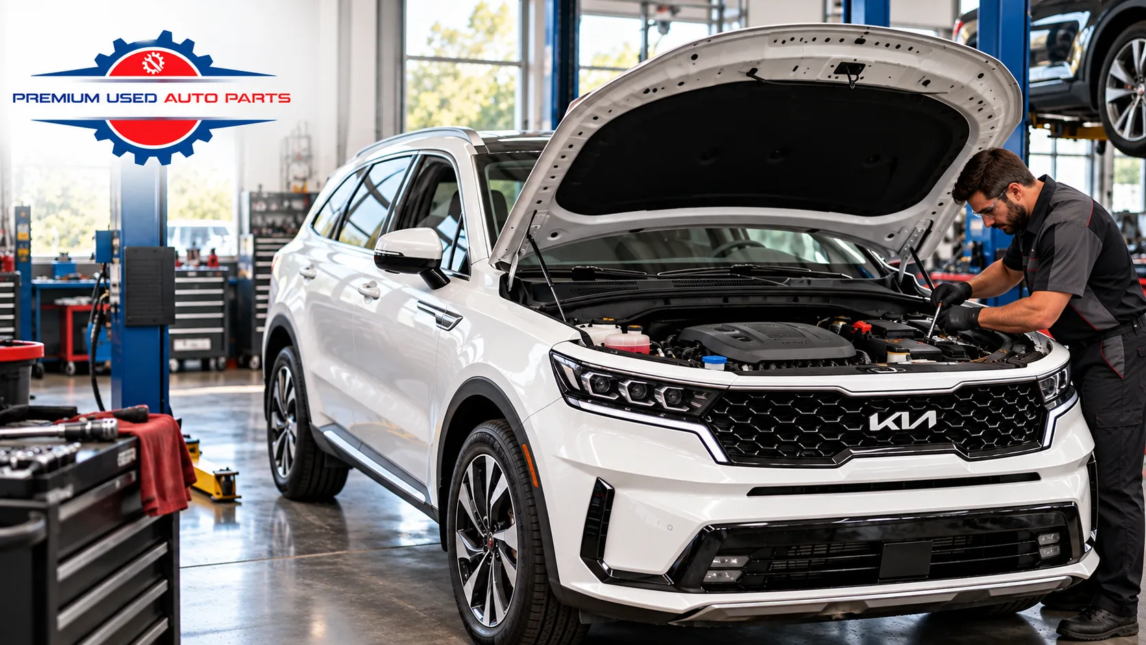 White Kia Sorento with open hood in a professional automotive workshop