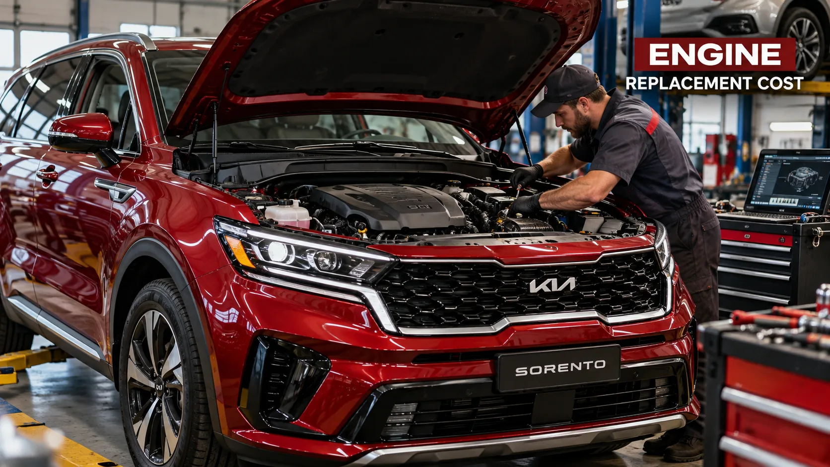 Red Kia Sorento undergoing engine inspection at an auto repair workshop