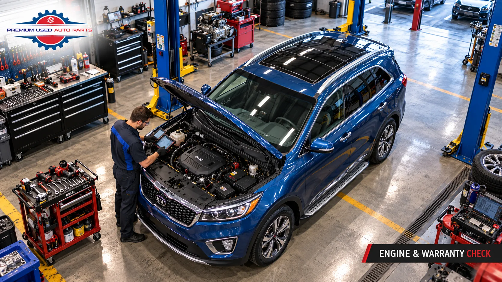 Blue Kia Sorento undergoing engine and warranty inspection