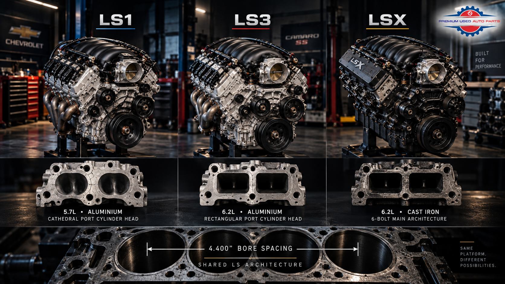 LS1 LS3 and LSX engine architecture comparison showing cylinder head ports and shared 4.400-inch bore spacing