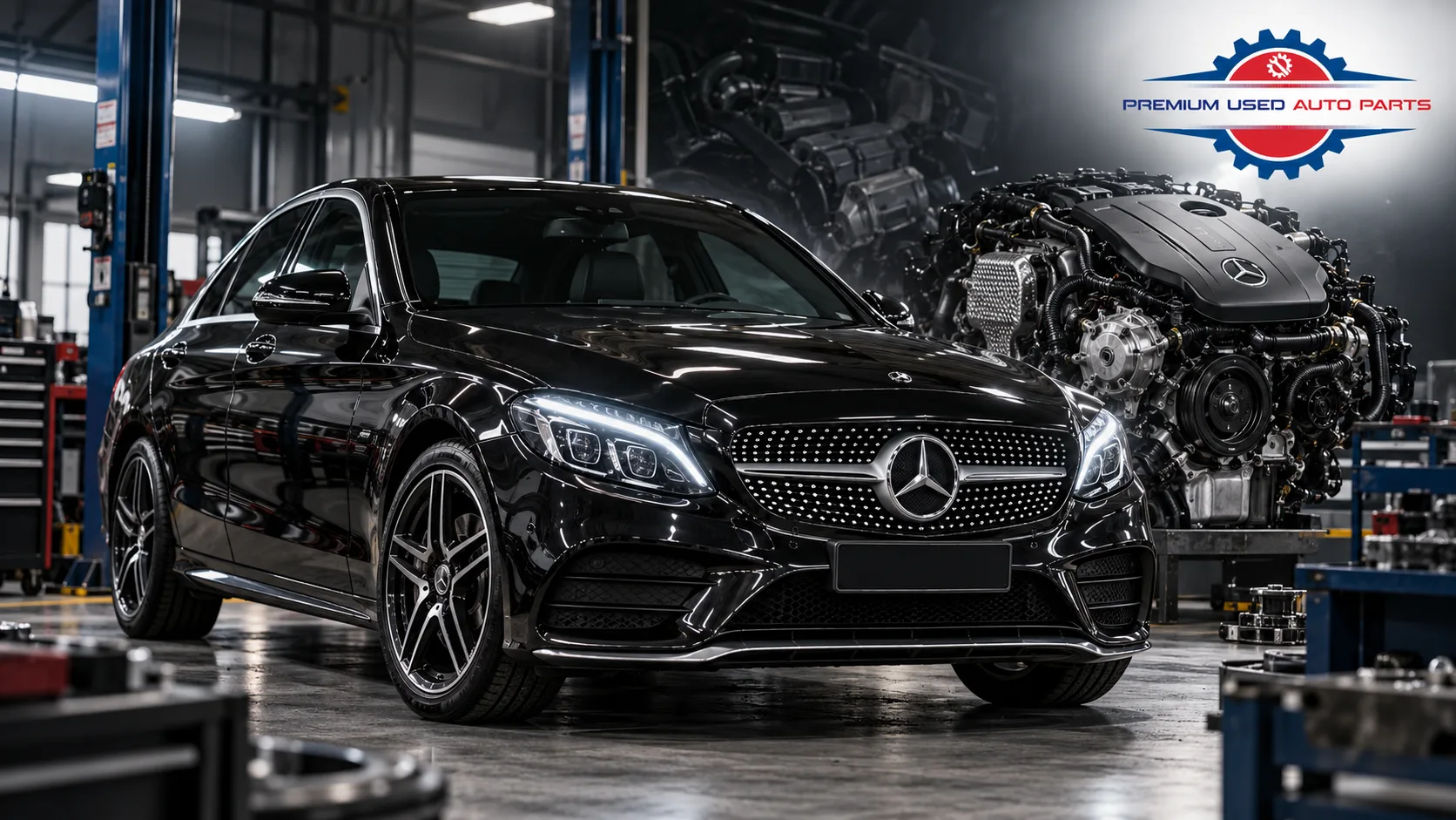 Mercedes C300 engine replacement cost guide featuring a black Mercedes-Benz C300