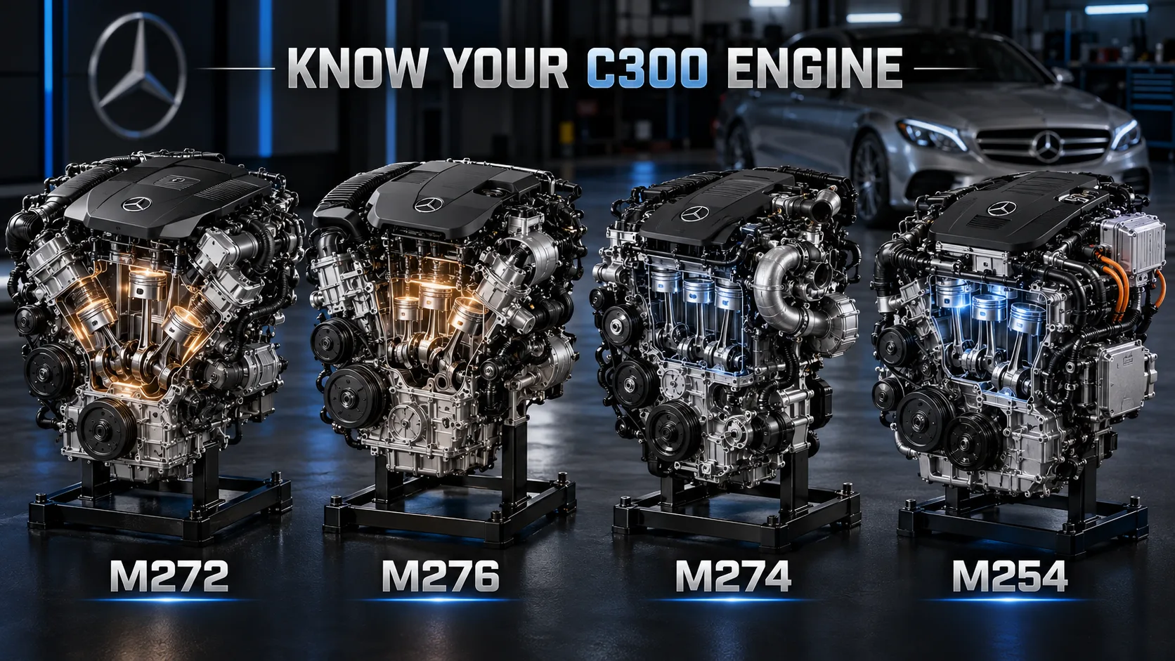 Mercedes C300 engine identification showing M272, M276, M274 and M254 replacement engines