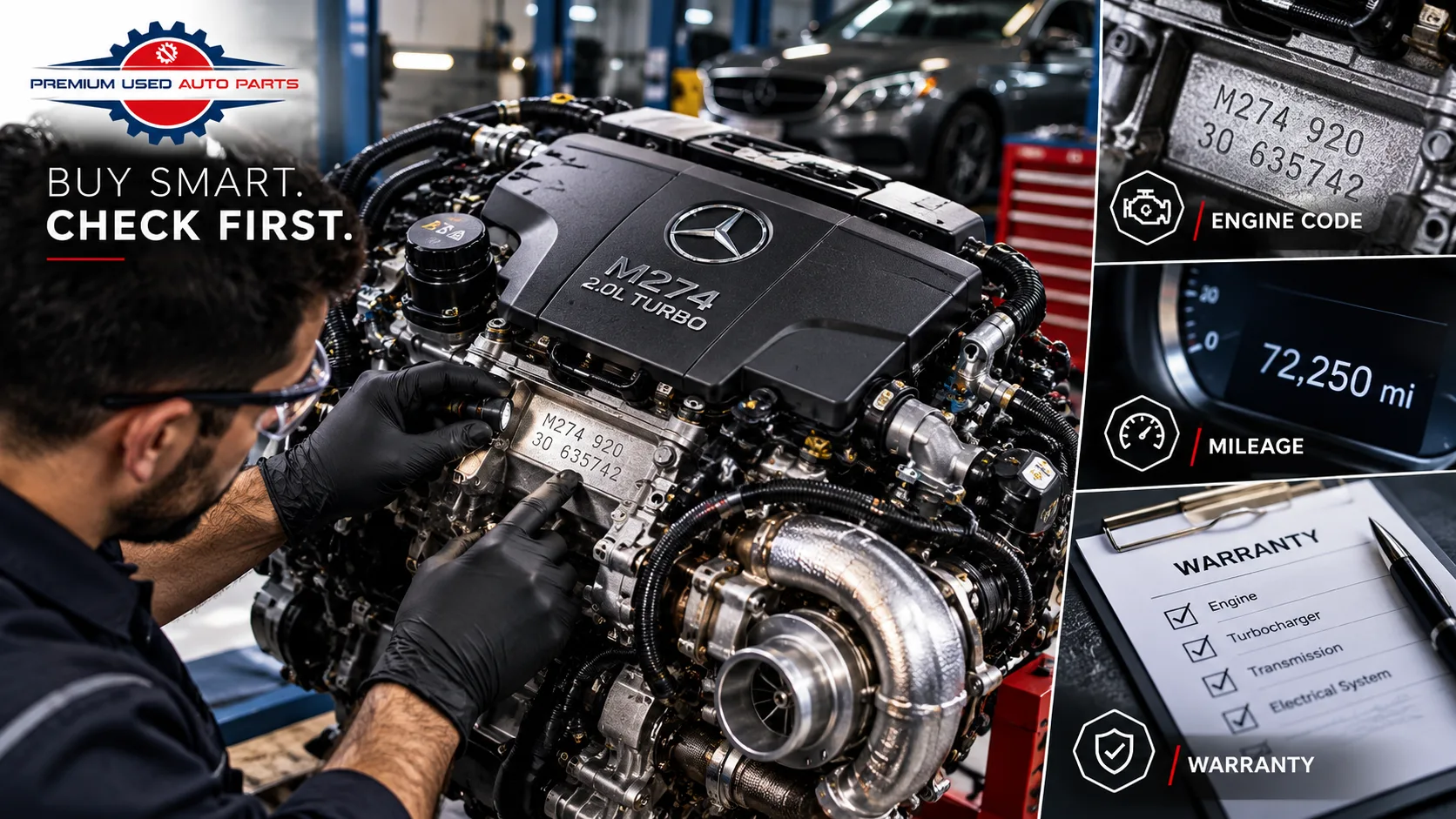 Used OEM Mercedes C300 engine inspection for engine code, mileage and warranty verification