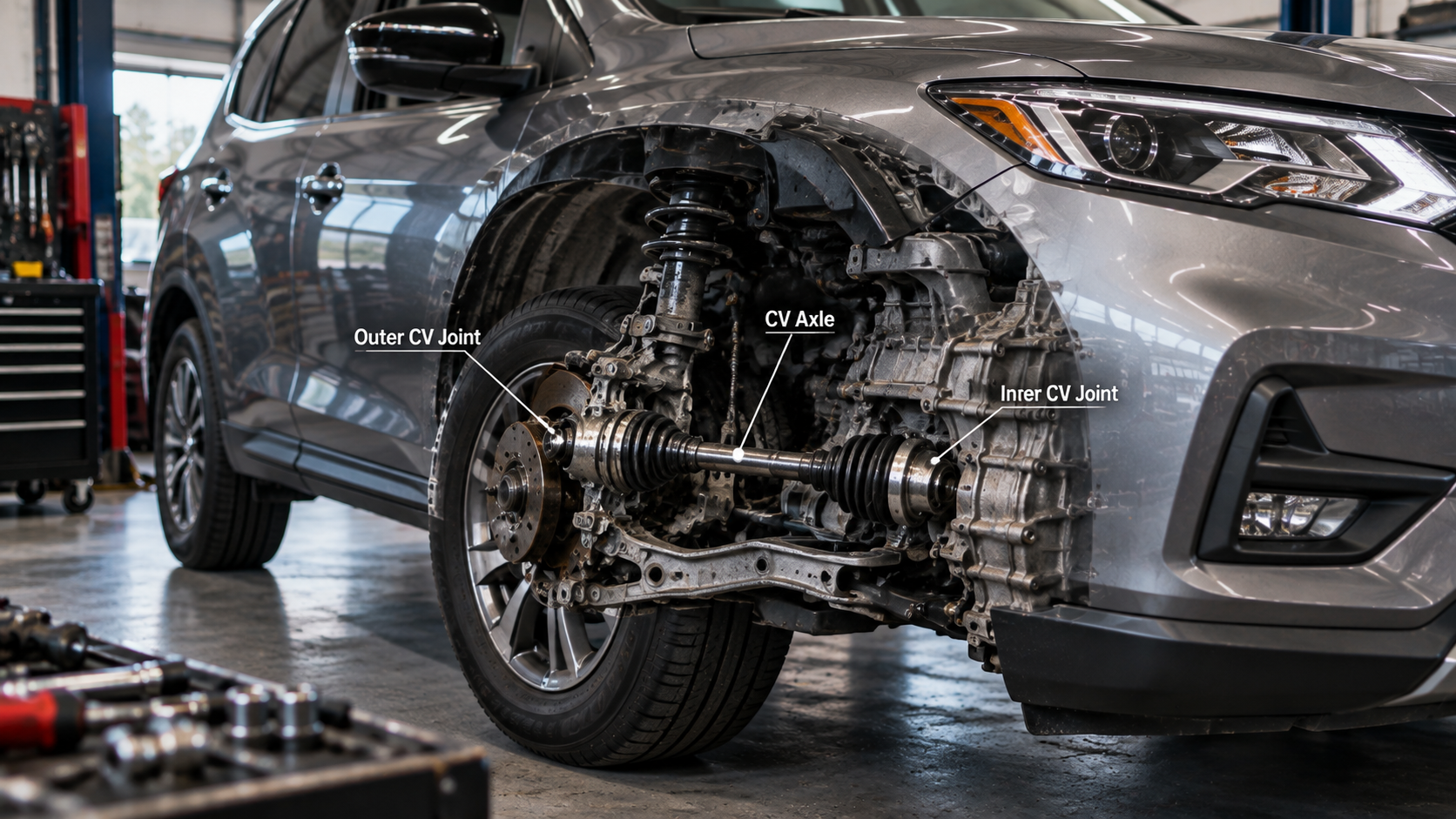 Nissan CV axle assembly showing inner and outer CV joints