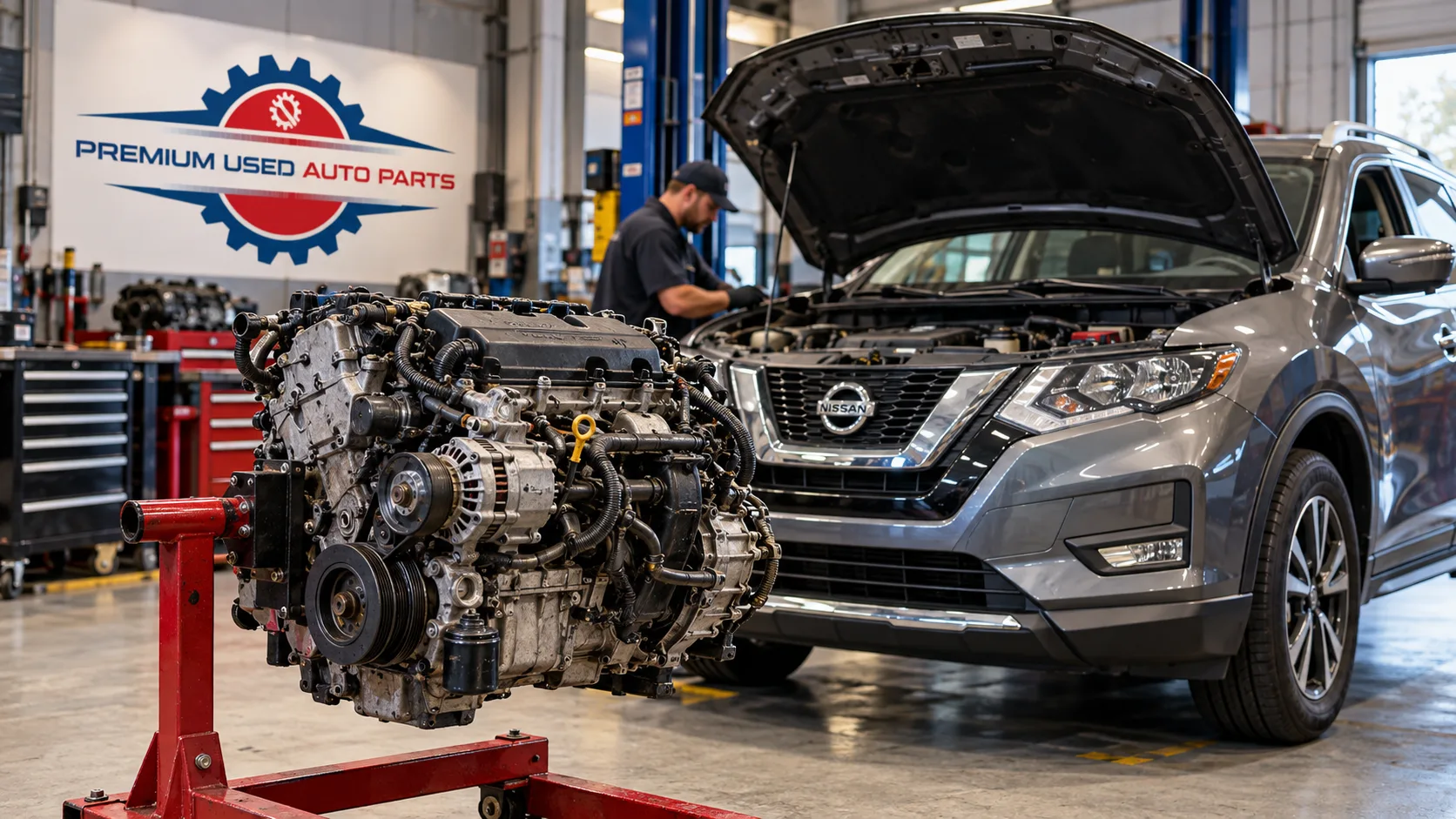 Nissan Rogue with hood open beside a used replacement engine in a professional auto repair shop