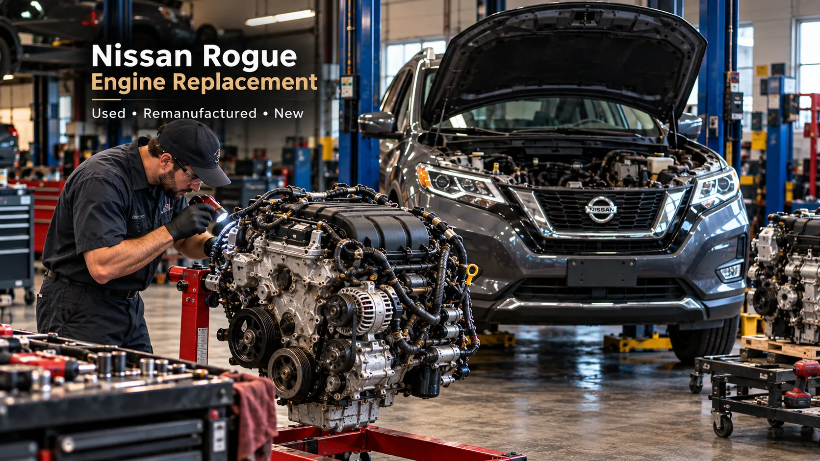 Technician inspecting a used Nissan Rogue replacement engine in an automotive workshop