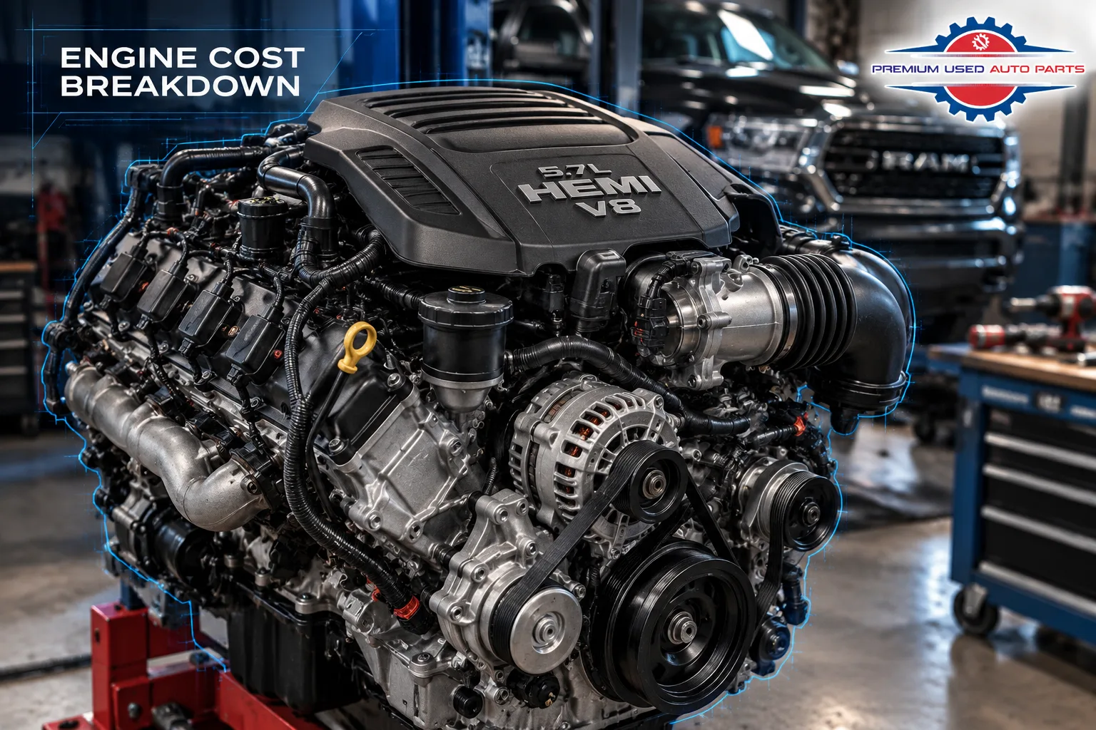 Close-up of a 5.7L HEMI V8 engine for RAM 1500 engine replacement