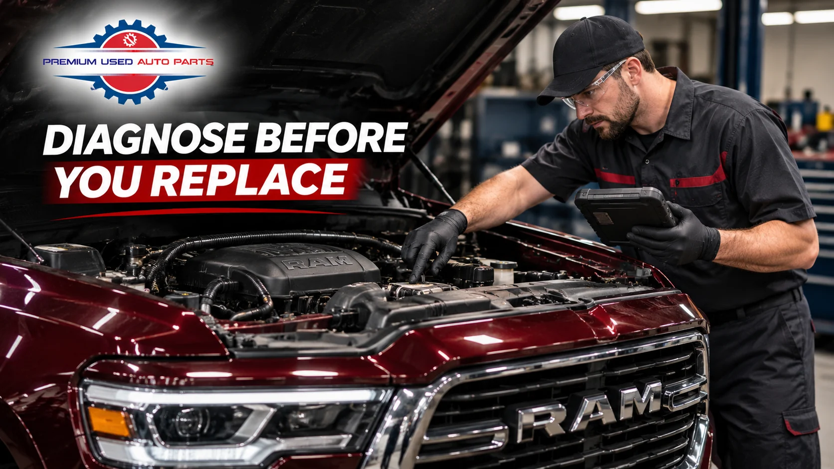 Technician diagnosing a RAM 2500/3500 engine before replacement
