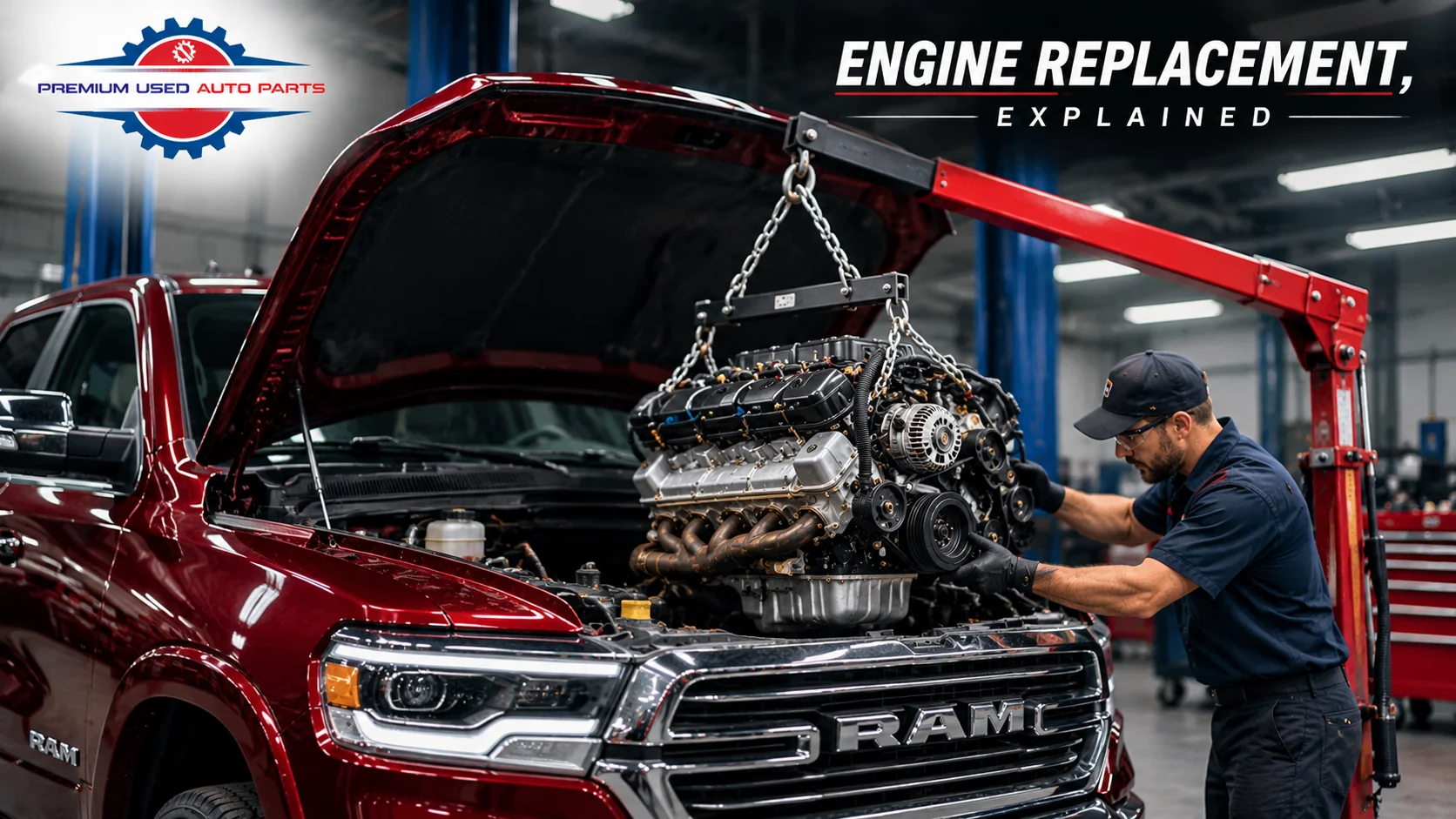 RAM 2500/3500 engine replacement in progress using a professional engine hoist