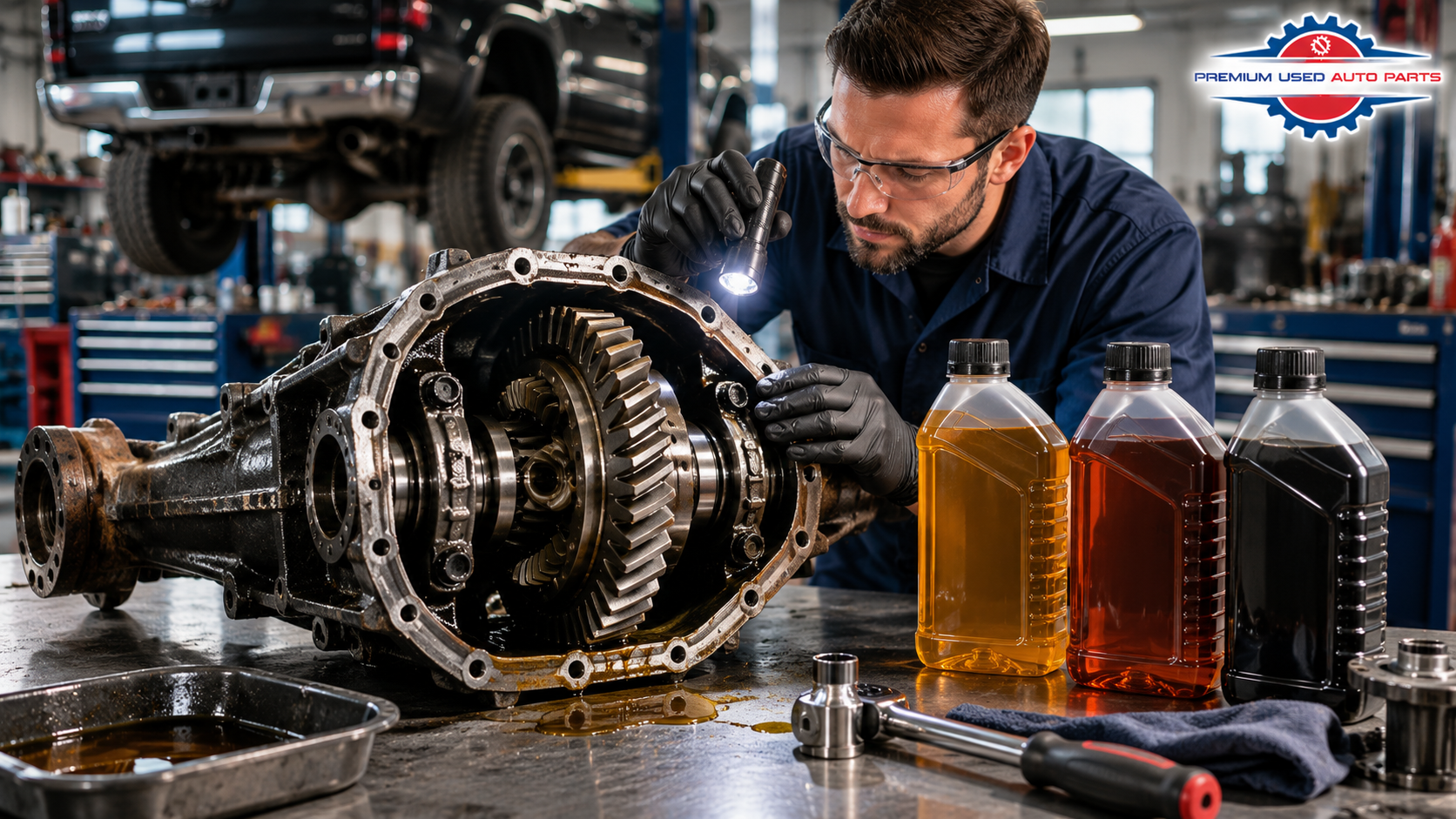 Mechanic inspecting an opened rear differential housing with gear oil bottles on a workbench during rear differential fluid service in a professional automotive workshop.