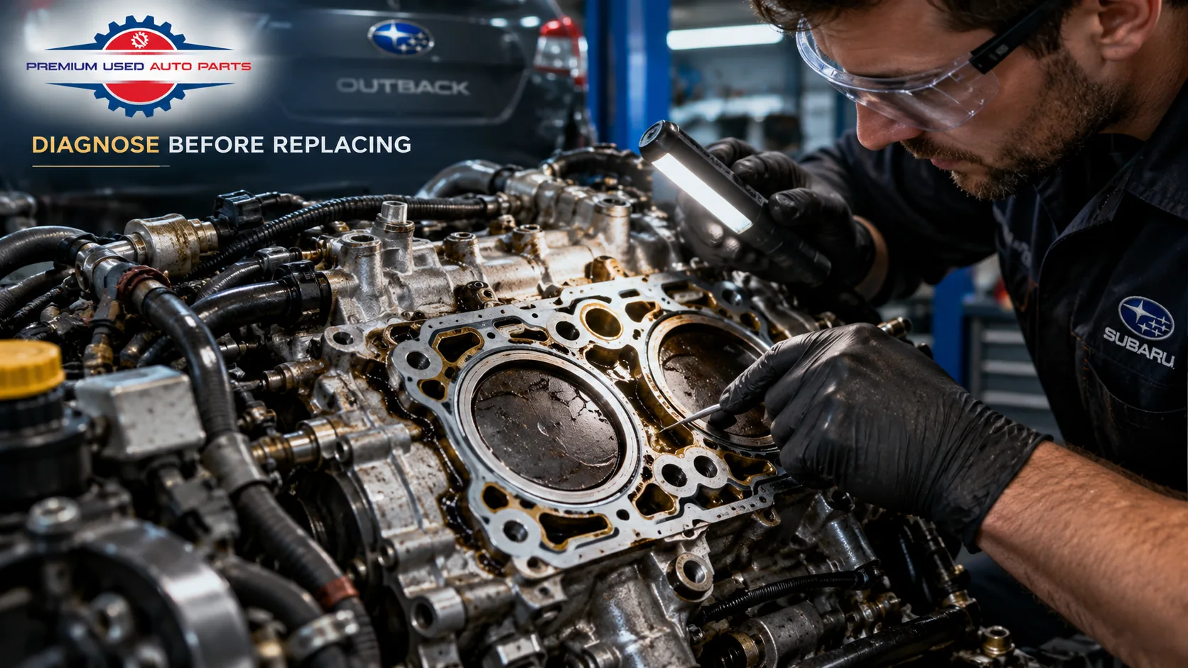 Subaru Outback head gasket inspection to determine whether repair or engine replacement is needed