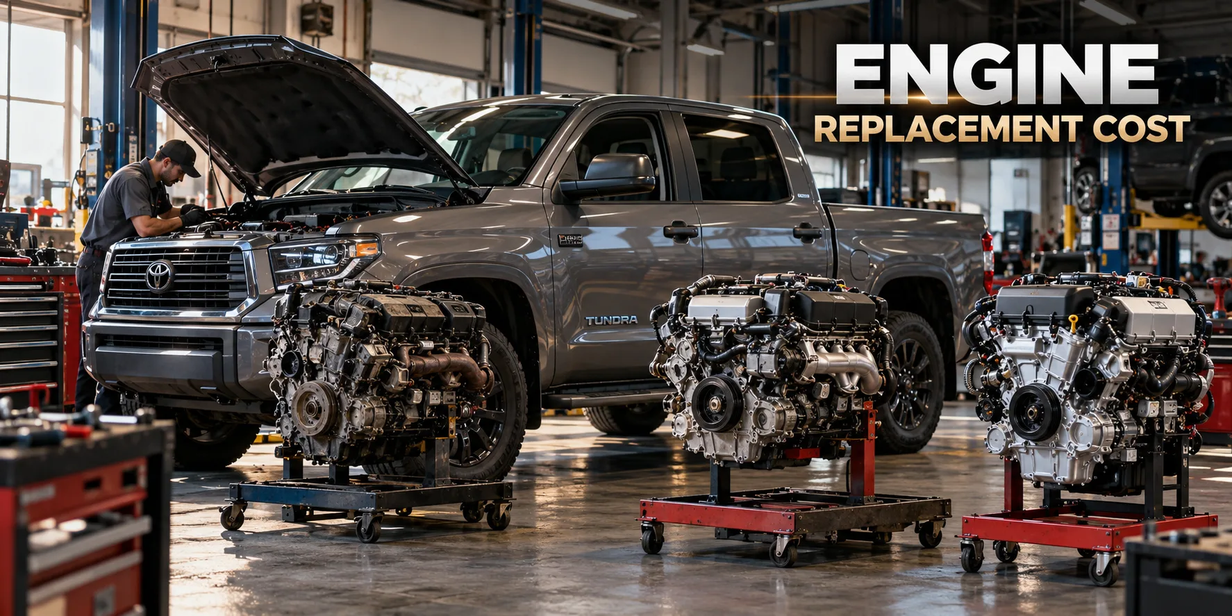 Toyota Tundra with replacement engine comparing used, remanufactured and new engine options in an automotive workshop