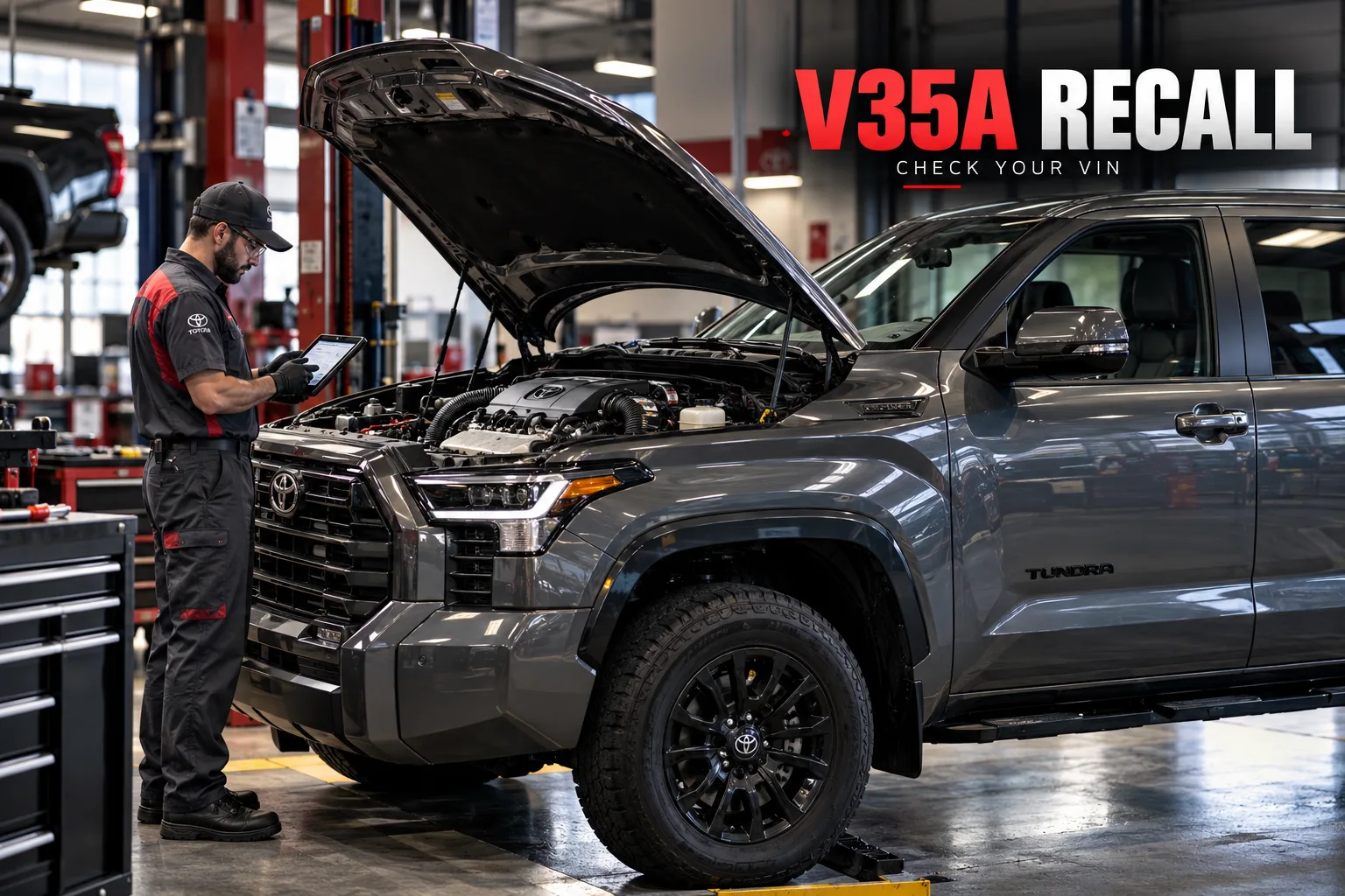 2022–2024 Toyota Tundra with open hood while technician checks VIN and V35A engine recall information