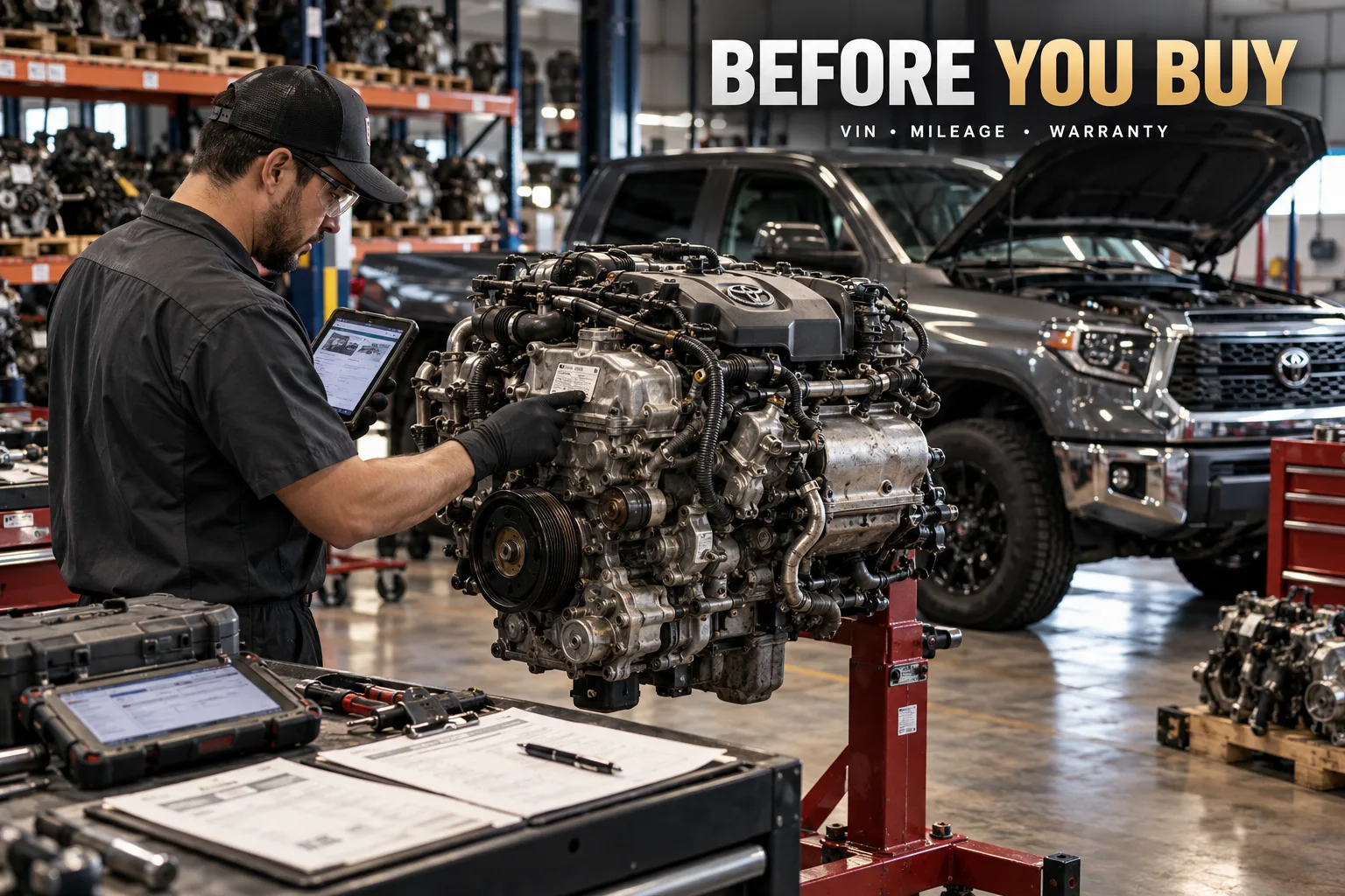 Automotive specialist inspecting a used Toyota Tundra engine and checking its VIN, mileage and warranty information