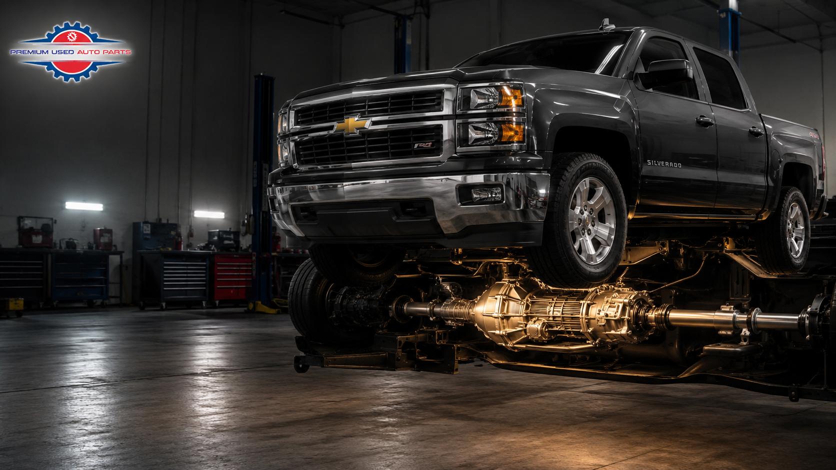 Chevy Silverado 4WD truck with transfer case and drivetrain components