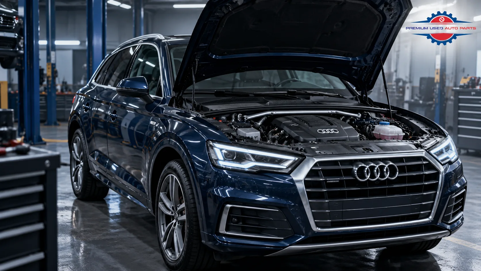 Used Audi Q5 with open hood in a professional workshop
