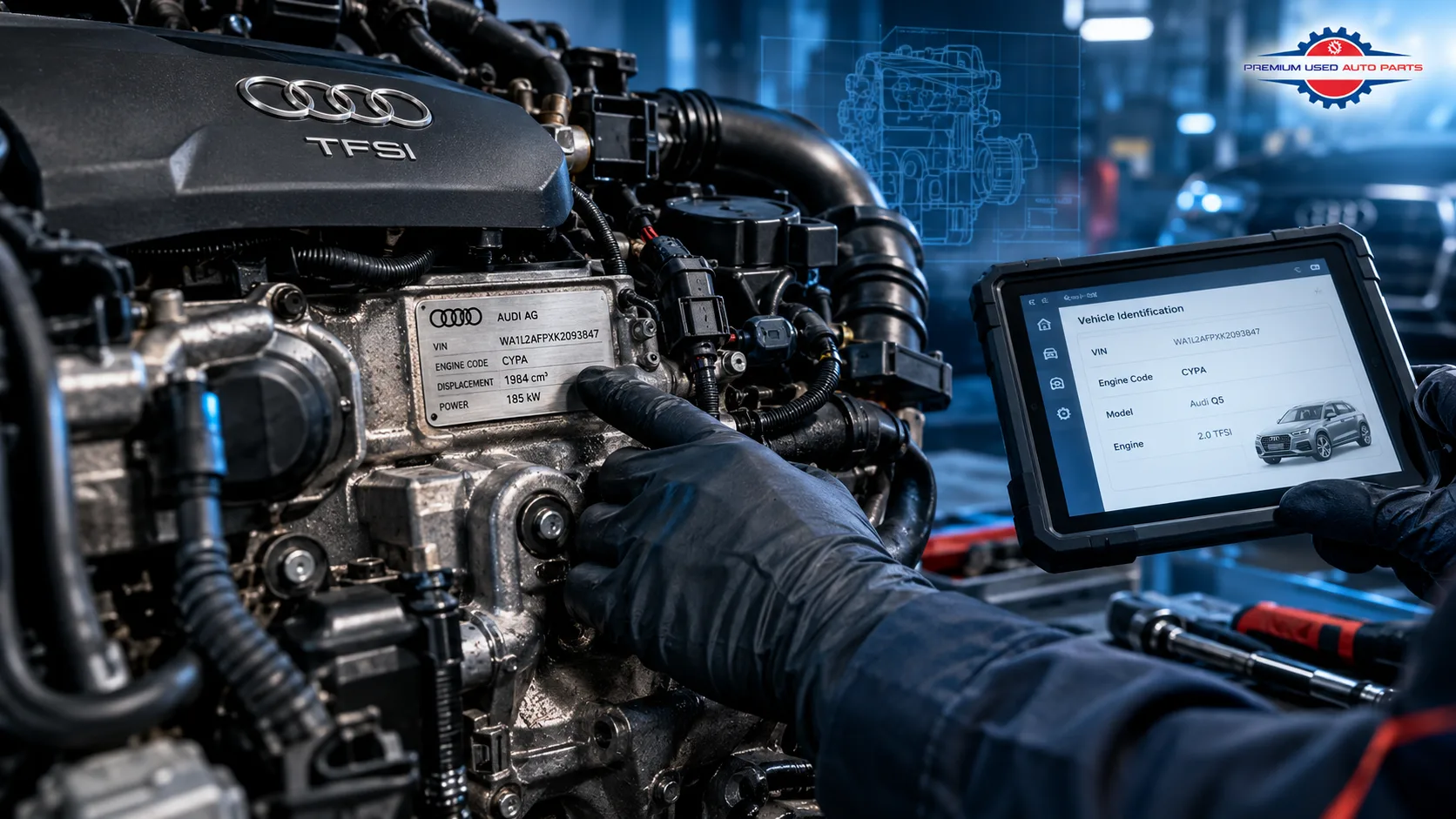 Mechanic checking Audi Q5 engine identification and code