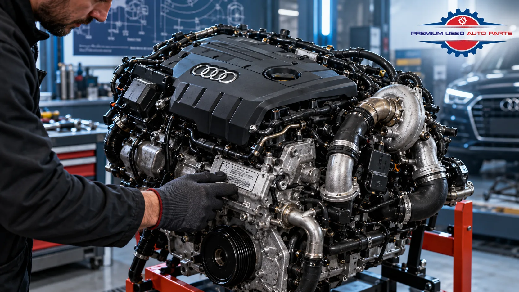 Used Audi Q5 replacement engine under inspection