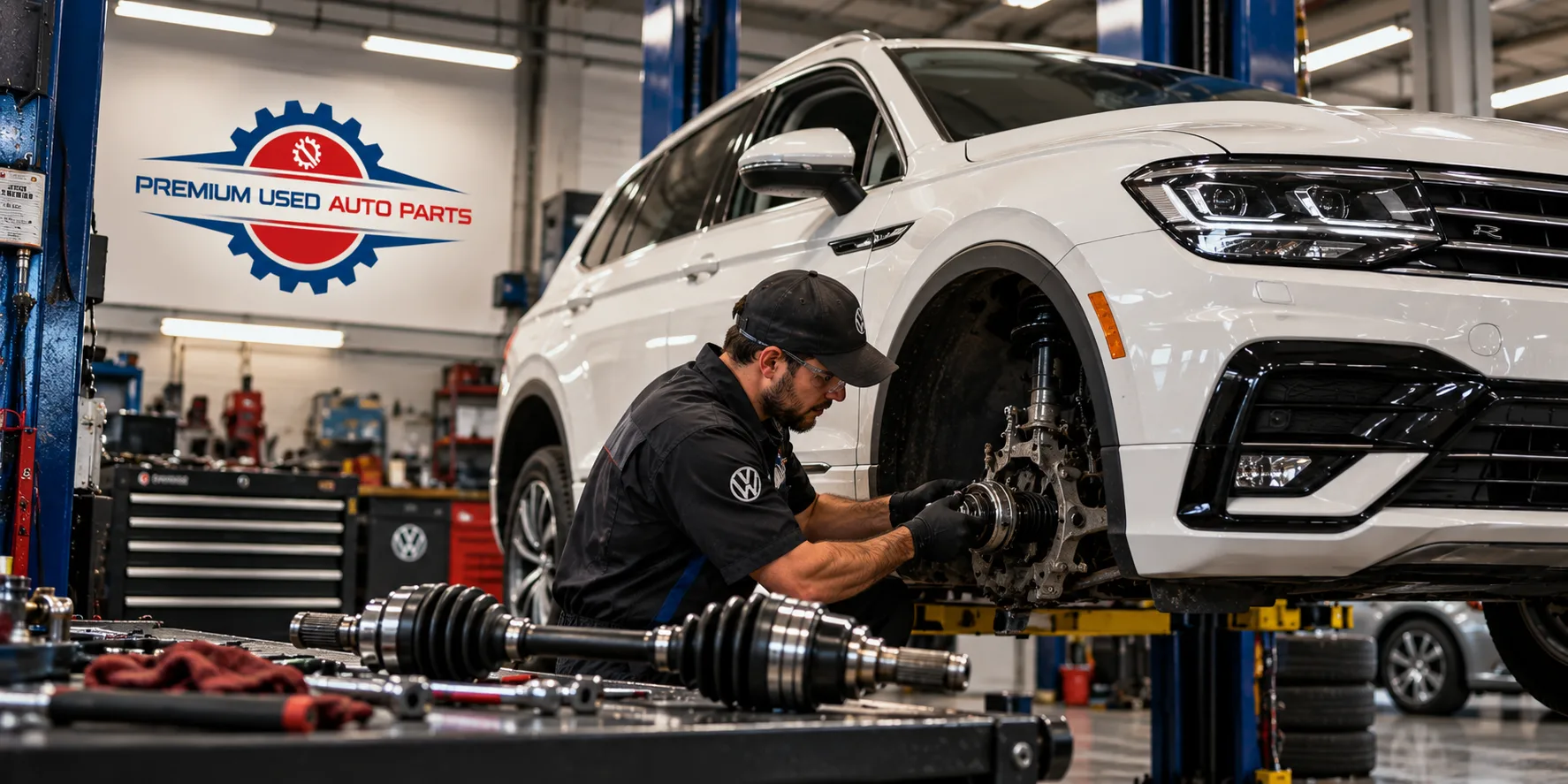 Volkswagen CV axle replacement inspection in a professional automotive workshop