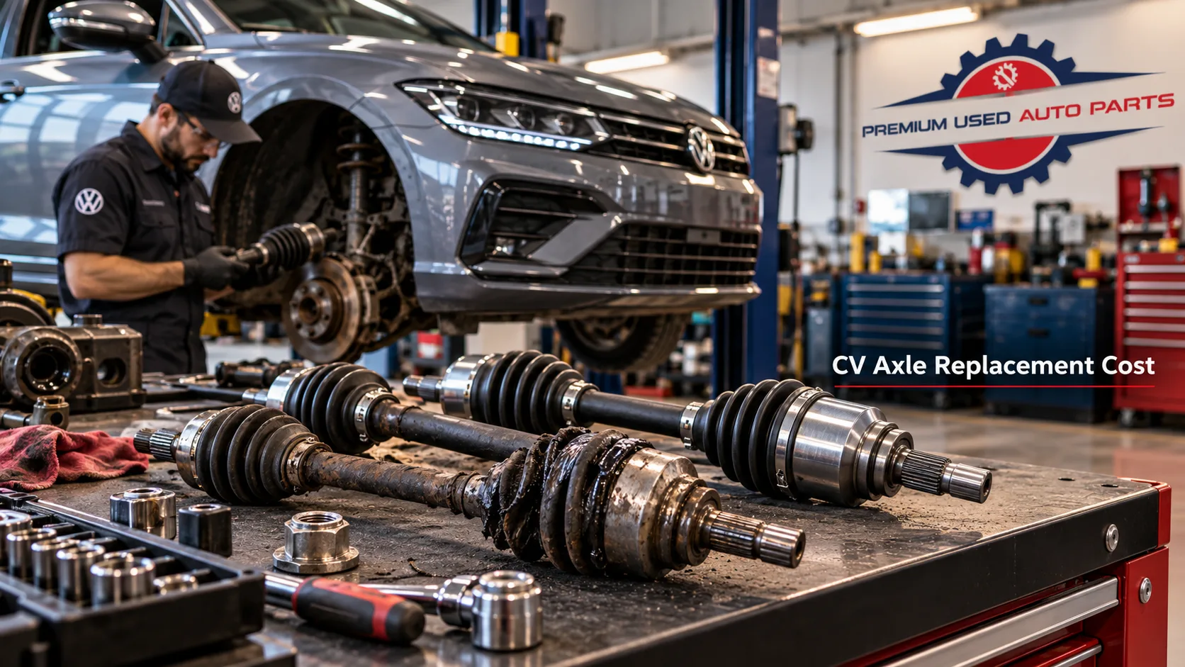 Volkswagen CV axle replacement parts, including used and new axles, inspected by a mechanic in a professional automotive workshop